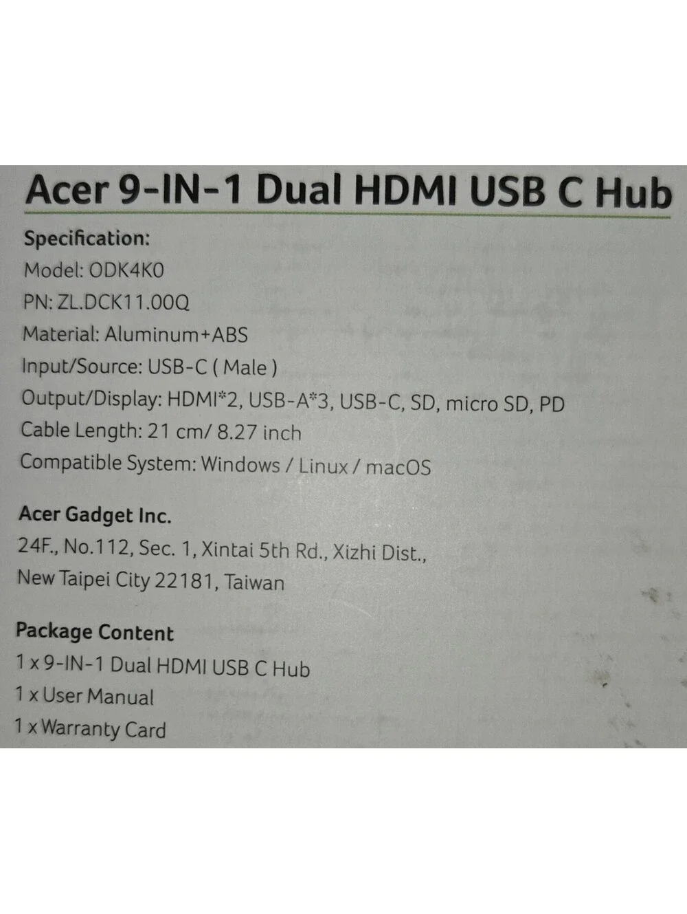 Acer 9 -IN- 1 Dual HDMI USB C Hub